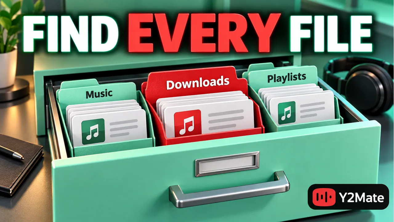 Organized audio download folder with a readable filename and destination card