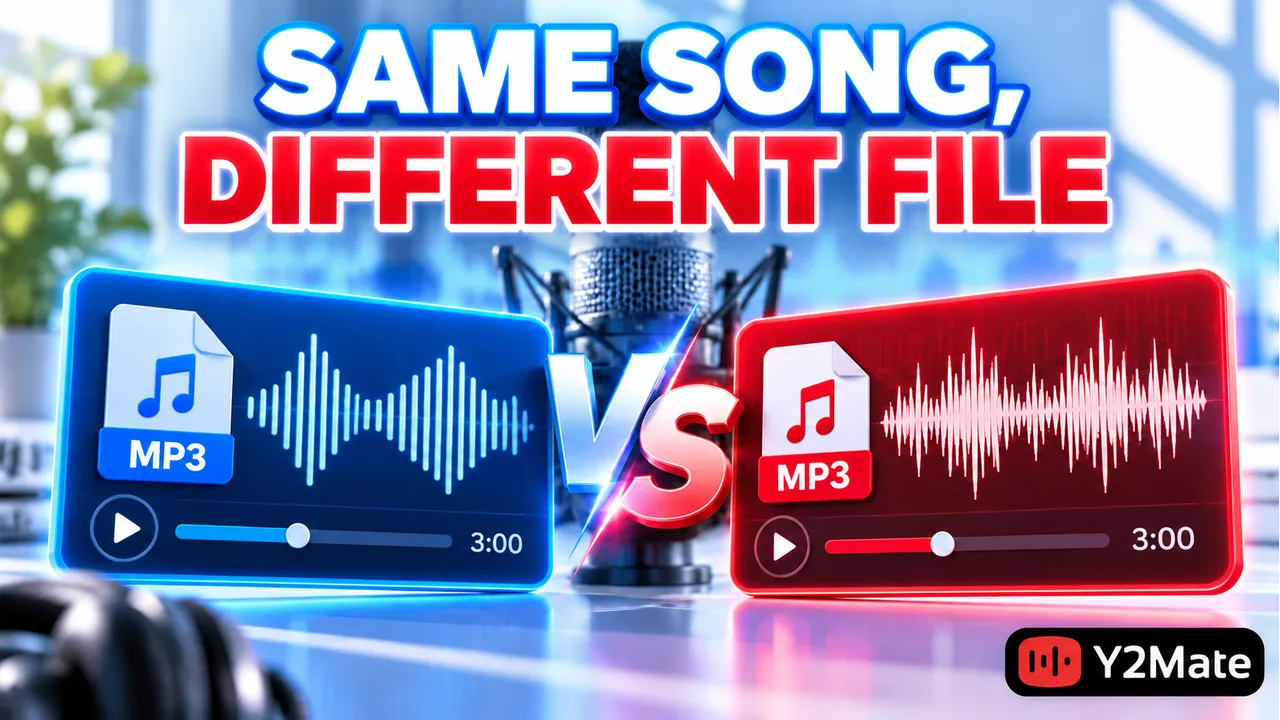 Two distinct MP3 waveform cards with a same song different file comparison headline
