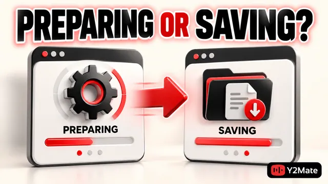 Separate file-preparation and browser-saving progress panels with a preparing or saving headline