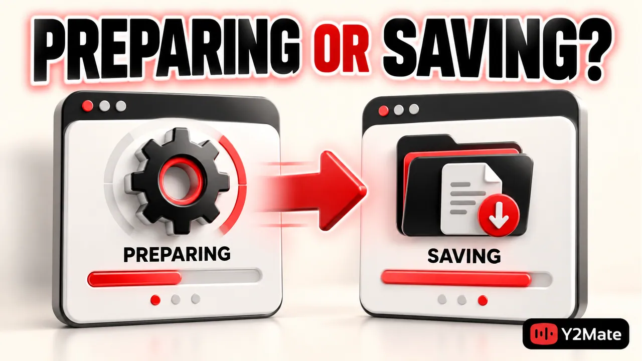 Separate file-preparation and browser-saving progress panels with a preparing or saving headline