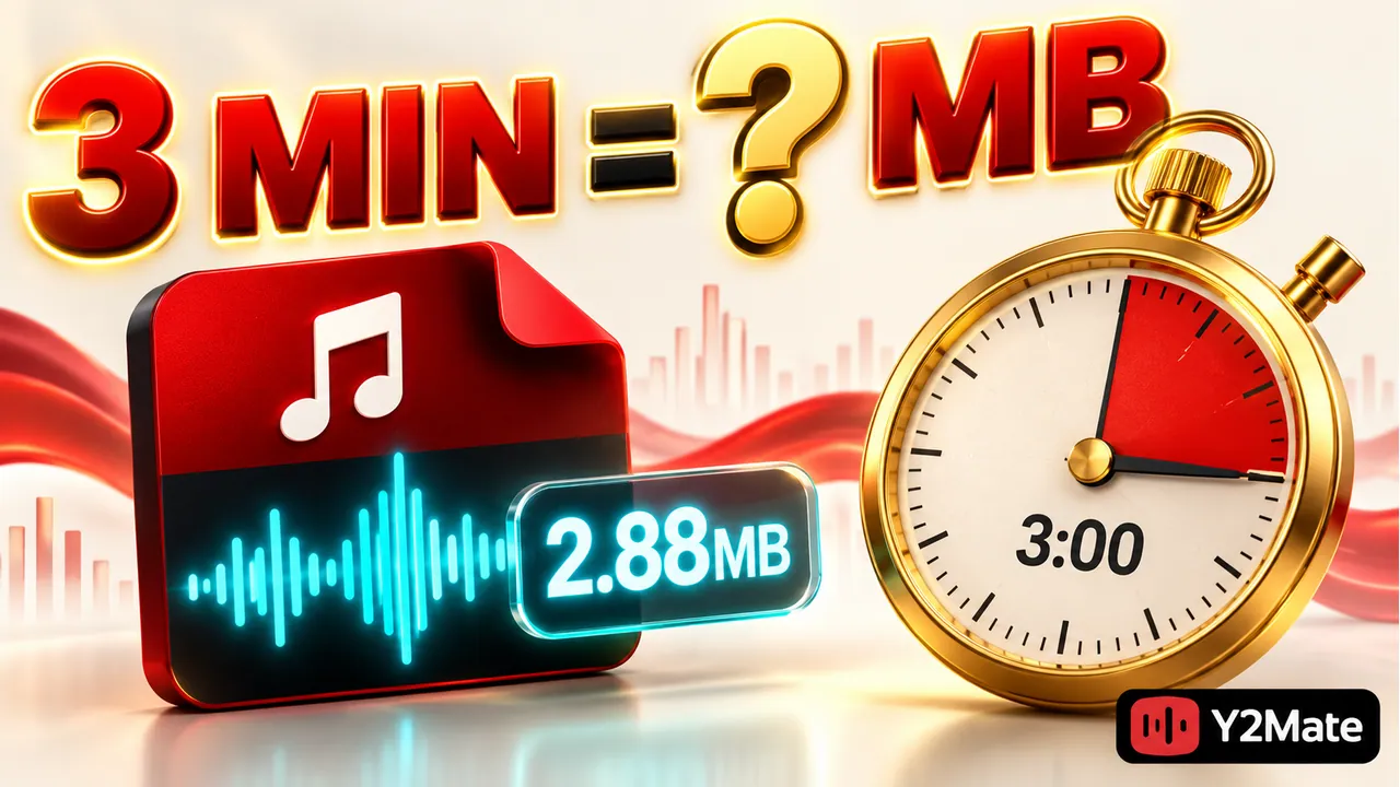 Three minute audio waveform with a clock and file size calculation card