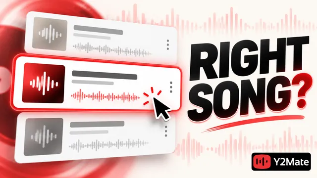 Three music search result cards with distinct recording versions and a right song headline
