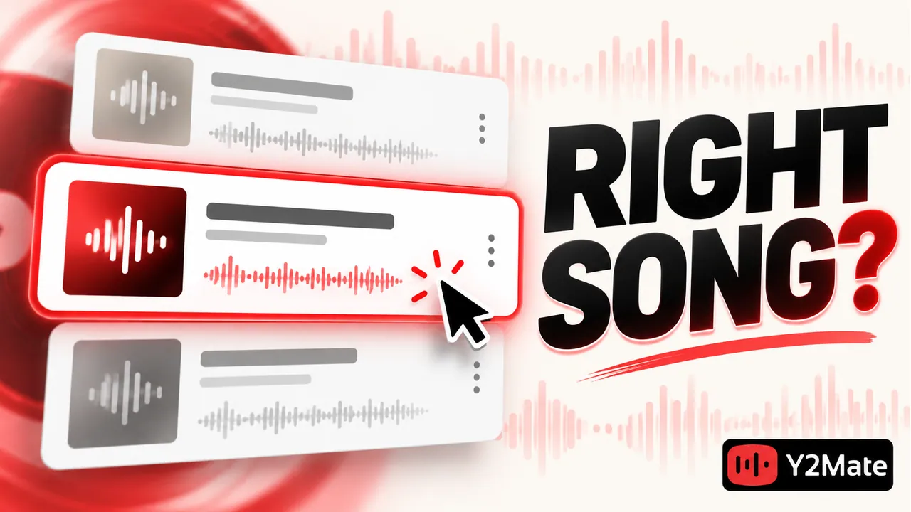 Three music search result cards with distinct recording versions and a right song headline