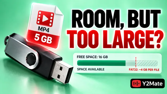 A USB drive beside a large MP4 file card and a room but too large headline