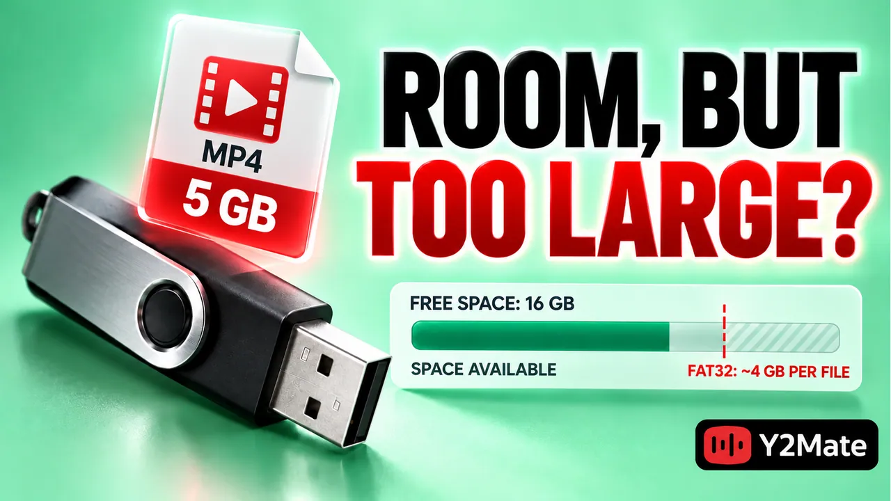 A USB drive beside a large MP4 file card and a room but too large headline