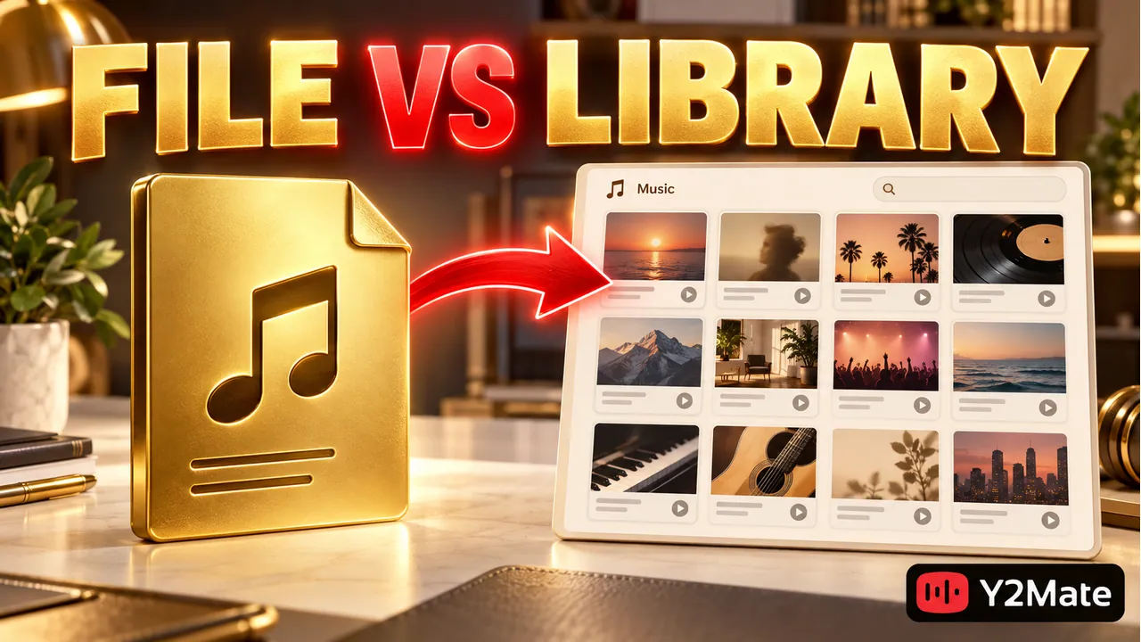 An MP3 file beside a separate music-library panel with a file versus library headline