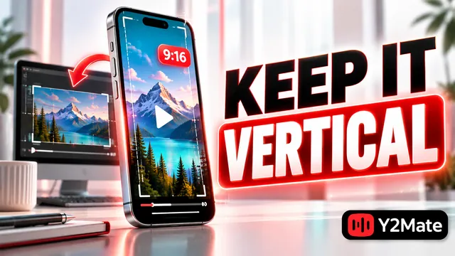 Upright portrait video frame in a phone beside a vertical orientation headline