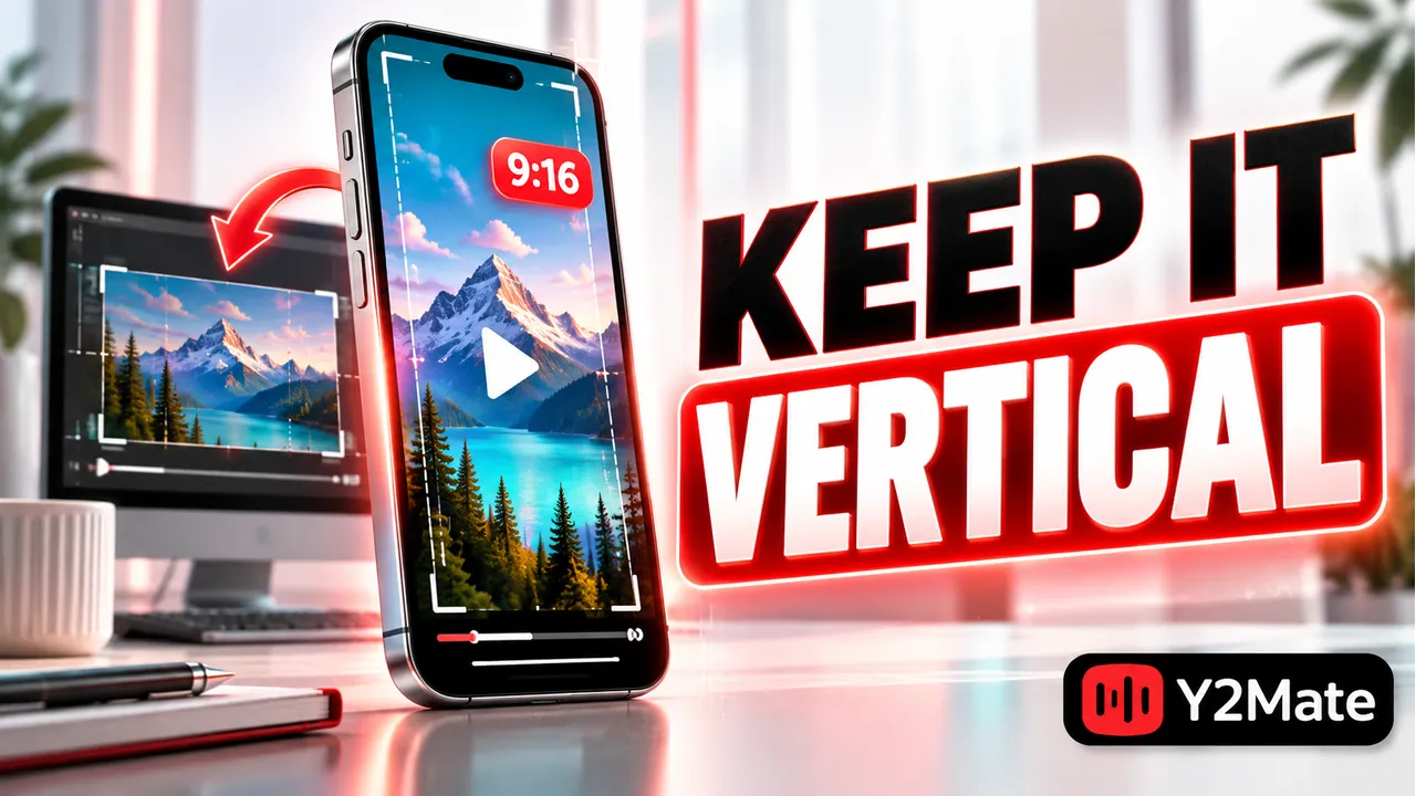 Upright portrait video frame in a phone beside a vertical orientation headline