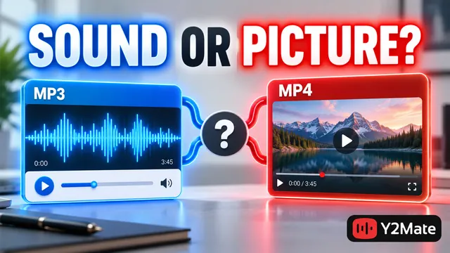 Tutorial laptop screen with clear audio and video choice cards
