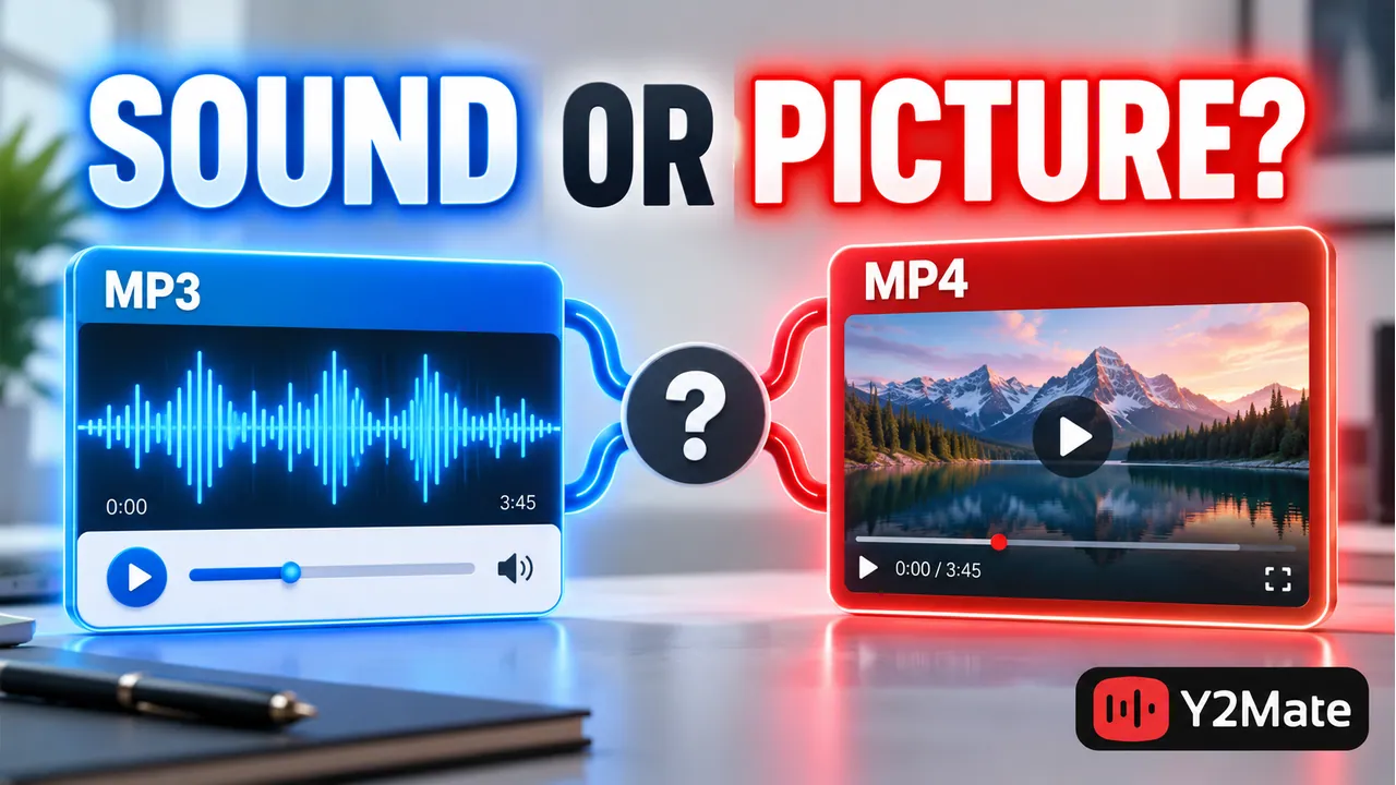 Tutorial laptop screen with clear audio and video choice cards